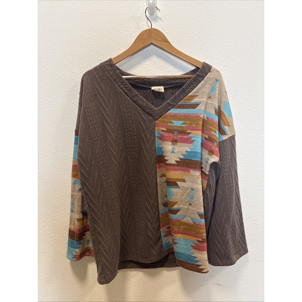 BiBi Women L Cored Knit Aztec Southwestern Boho Oversized Knit‎ Top